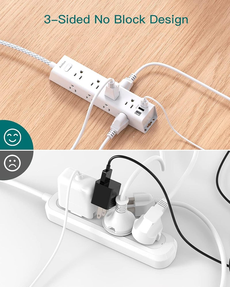 Addtam Surge Protector Power Strip - 5 FT Extension Cord, Power Strip with 12 Widely AC Outlet 3 USB, Flat Plug Wall Mount Overload Protection, 1050J, Desk Charging Station for Home Office, ETL Listed,White - Image 5
